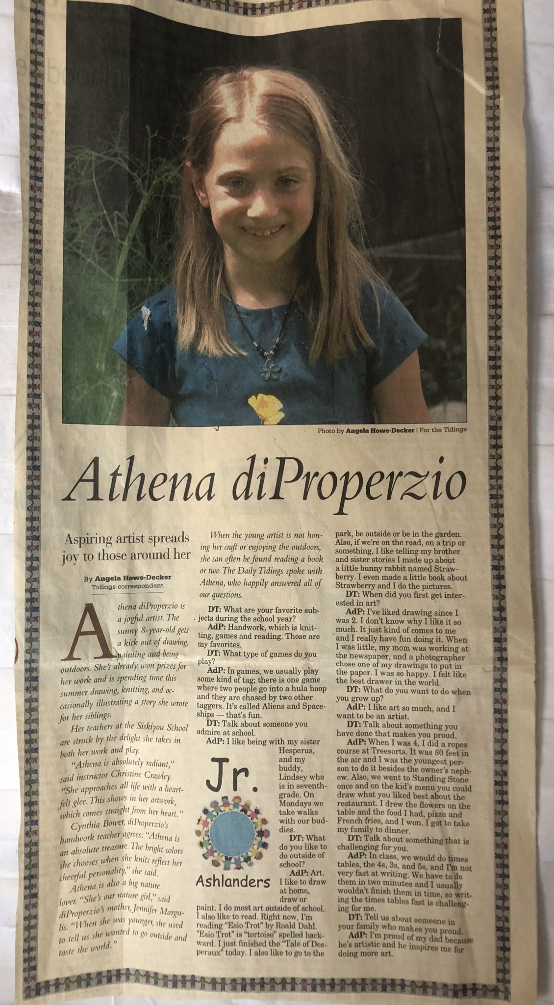 Athena di Properzio, age 8, featured in the Ashland Daily Tidings