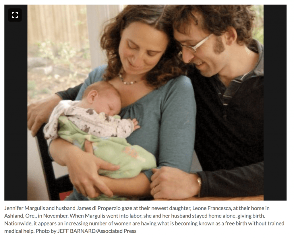 Across the United States, women giving birth without midwives or doctors present is becoming more common. Photo of parents holding a newborn, who was born unassisted, by Jeff Barnard.