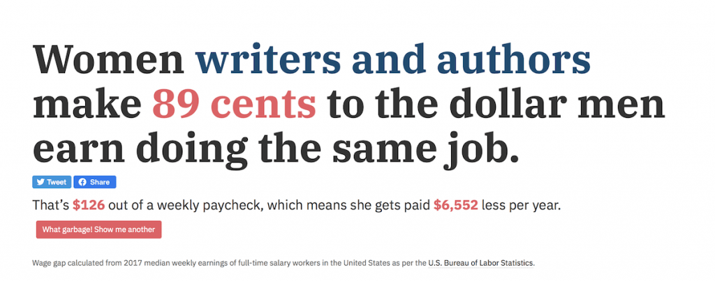 Unequal pay for women writers isn’t just unfair, it’s illegal. But women earn 89 cents for every dollar male writers make. Screen shot from NarrowTheGap.co. | Jennifer Margulis, Ph.D.