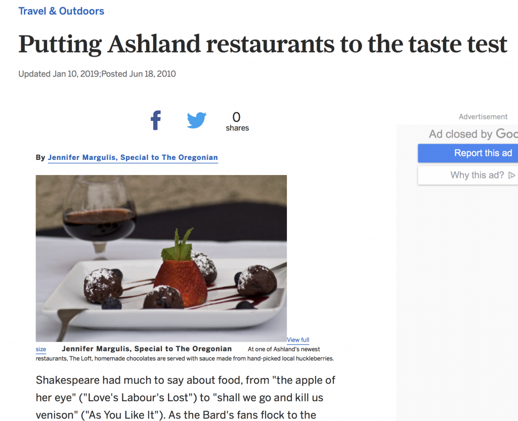 What's Shakespeare Having for Dinner? A 2010 article about Ashland restaurants. 