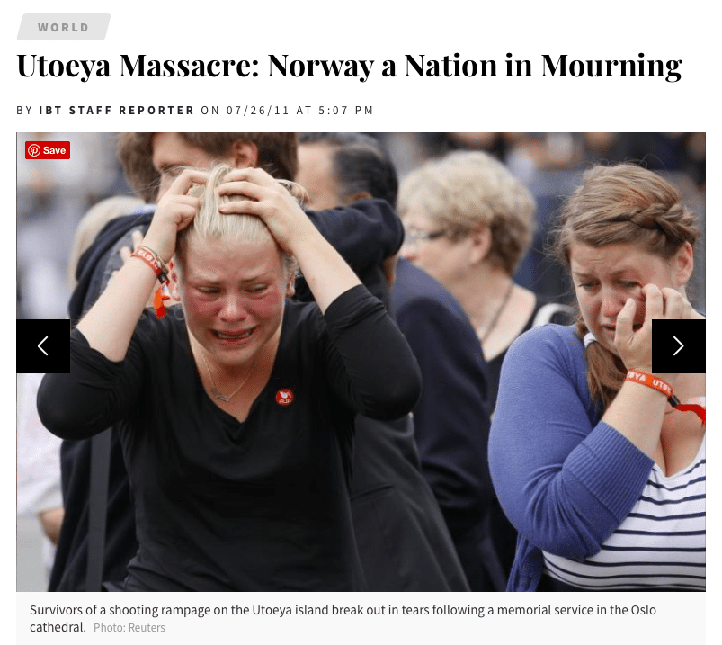 Screenshot from the IBT of Norwegians mourning after the devastating shooting that left 76 people dead in 2011. Sudden grief like this is so hard.