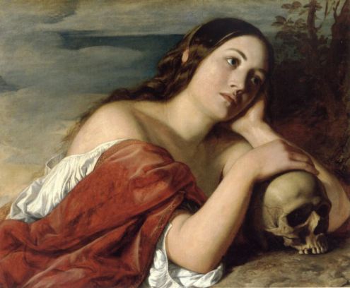 Painting by William Dyce of a woman with her hand on a . I think this grieving woman is realizing that our worldly concerns and anxieties are meaningless. 