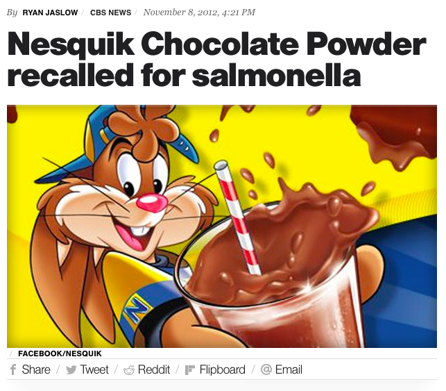 Nesquik Chocolate Powder recalled for possible salmonella poisoning. Screenshot from CBS News.
