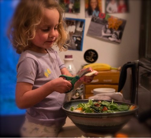 A toddler can use culinary shears to help make dinner salad. Culinary shears are a fancy way to say blunt scissors. Learn more at JenniferMargulis.net