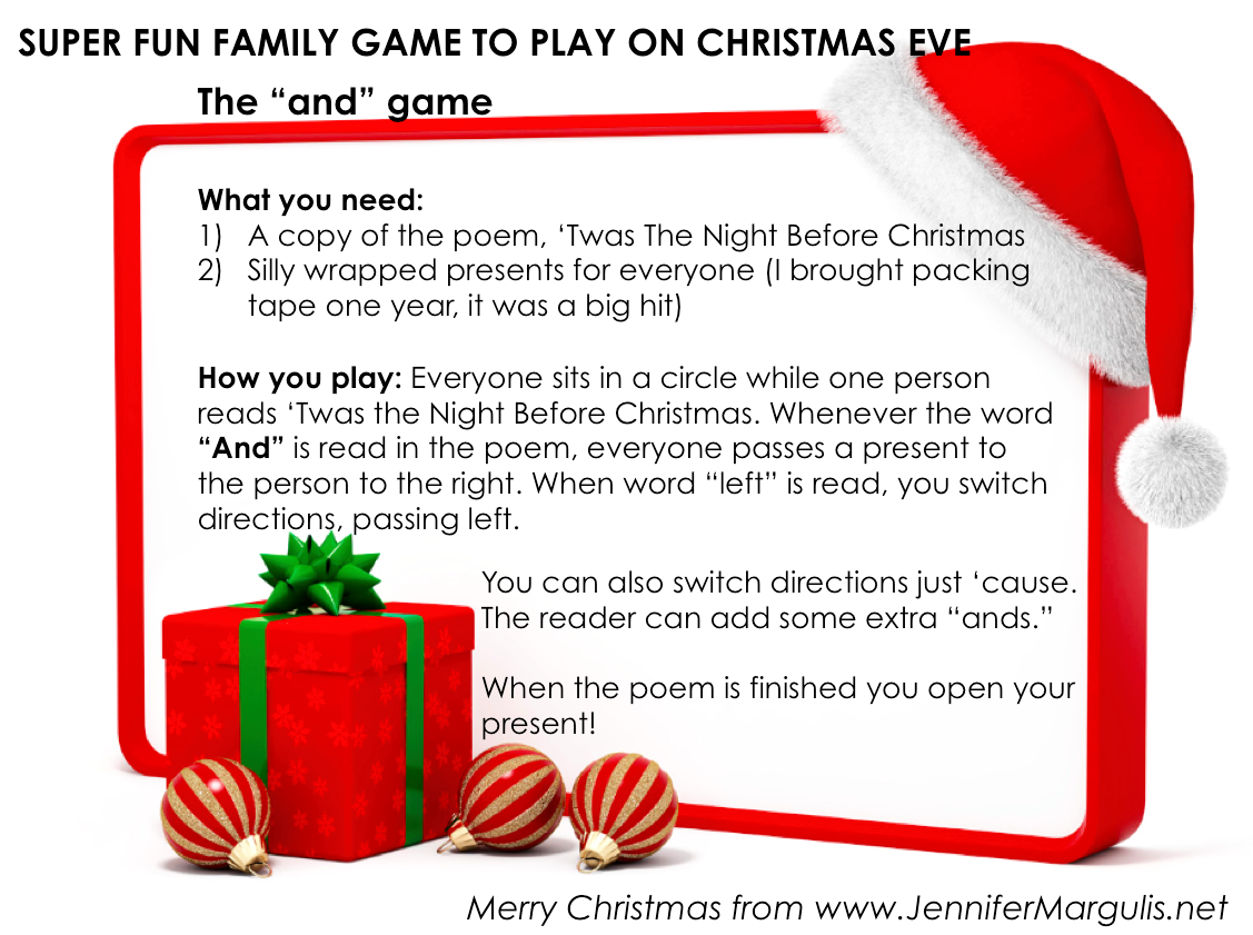 A super fun game to play the night before Christmas. It's called "The And Game" for Christmas Eve. Facebook memes made by Jennifer Margulis.