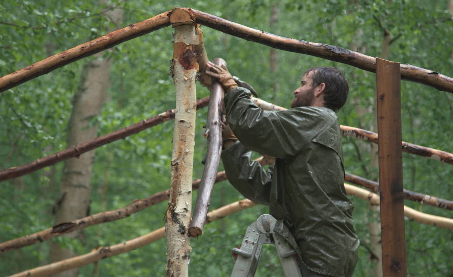 Peter Bird, Audrey's husband, building a birch-tree platform for their outdoor birth. Photo courtesy of Audrey Bird.