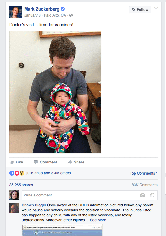 Screen shot from Mark Zuckerberg's Facebook post announcing his daughter was getting her vaccines