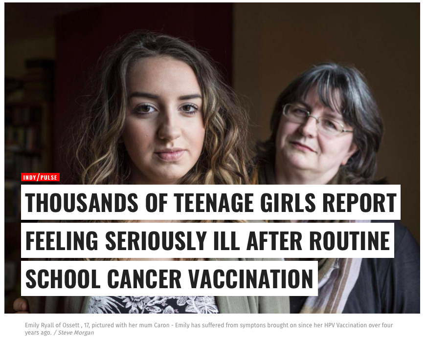 Your daughter needs the HPV vaccine. So what if it makes thousands sick? Screenshot of a news article from the Independent.