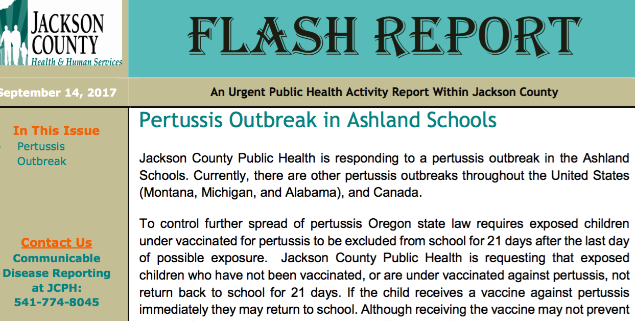 Flash report from Jackson County Public Health about the whooping cough outbreak in Ashland, Oregon. Via JenniferMargulis.net