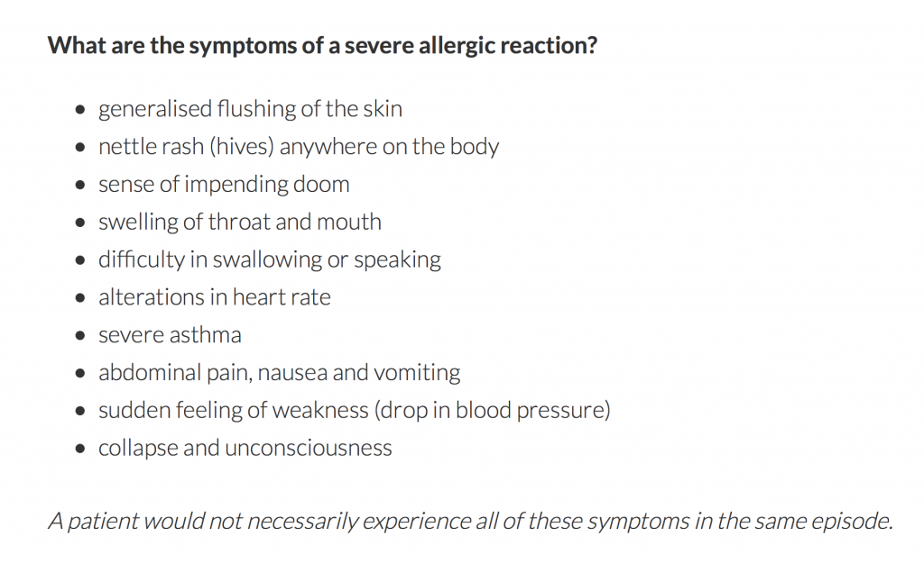Symptoms of a severe peanut allergy may include difficulty breathing, throat tightening, vomiting, nausea, trouble speaking, dizziness, fainting, and more. (Screenshot via UK's Anaphylaxis Campaign)