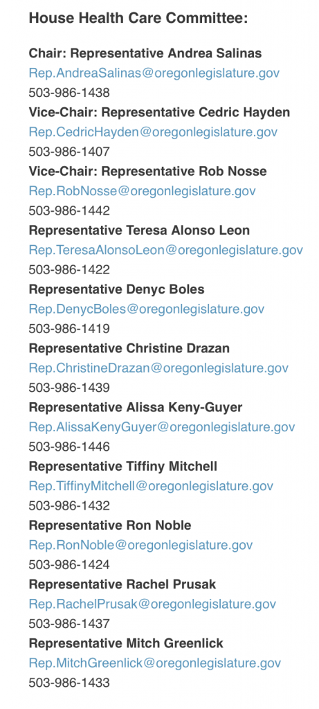 List of the current members of the House Committee on Health Care in Oregon