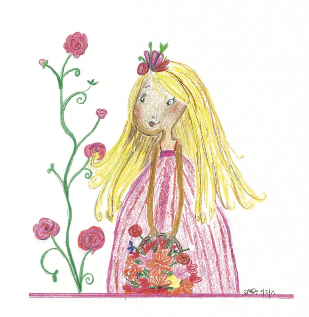 Feeling blue? Try doing some art. Drawing something whimsical like this girl carrying a basket of flowers can make you feel better | Jennifer Margulis, Ph.D.