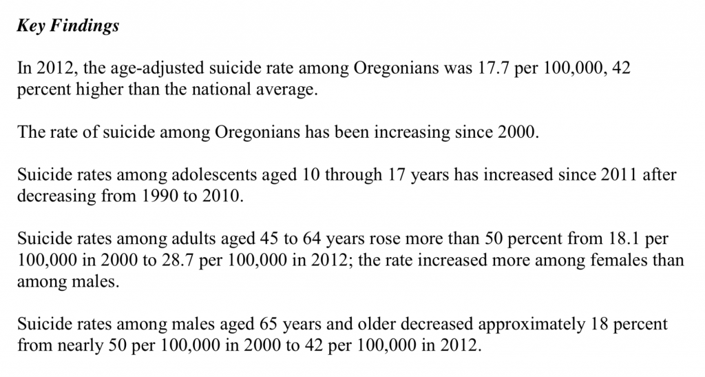 Suicides in Oregon: Trends and Associated Factors 2003-2012, a report talking about suicide from OHA