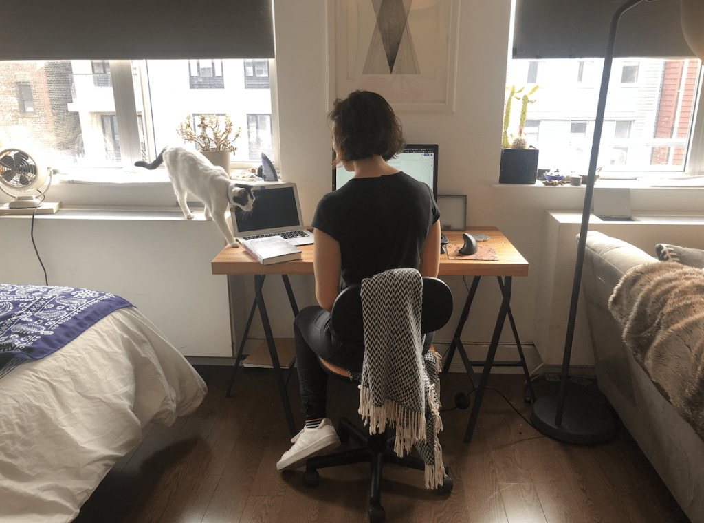 Andrea Bartz, author of the thriller, THE HERD, working from home in New York. Launching a book during coronavirus isn't easy. Photo courtesy of Andrea Bartz. | Jennifer Margulis, Ph.D.