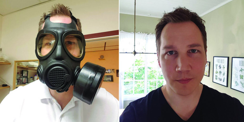 Dr. Vilis Pavulans reflects on coronavirus in Sweden. Pictured here wearing a military grade mask on left, and mask-less on the right. | Jennifer Margulis, Ph.D.