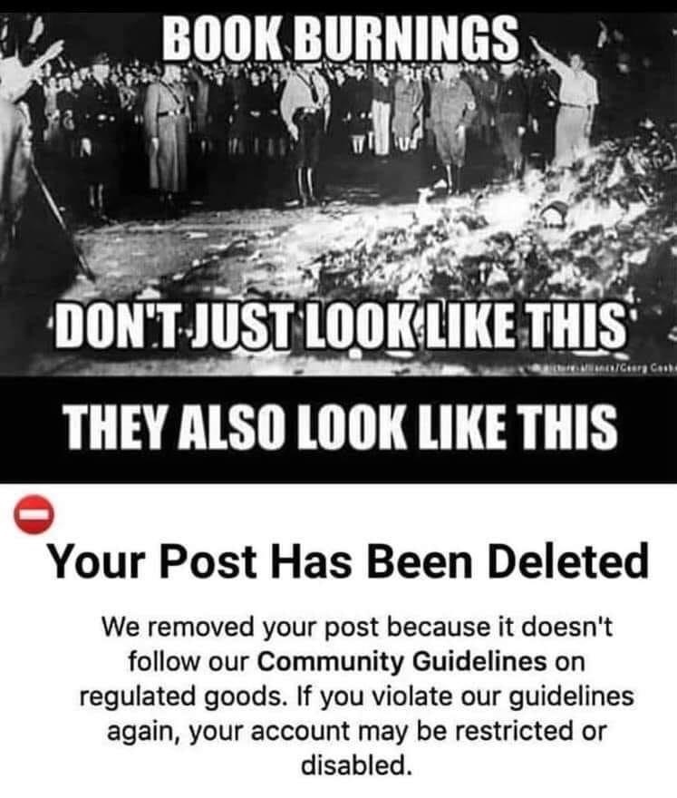 Modern day censorship meme. Social media deletes posts. Who needs book burnings? via Jennifer Margulis