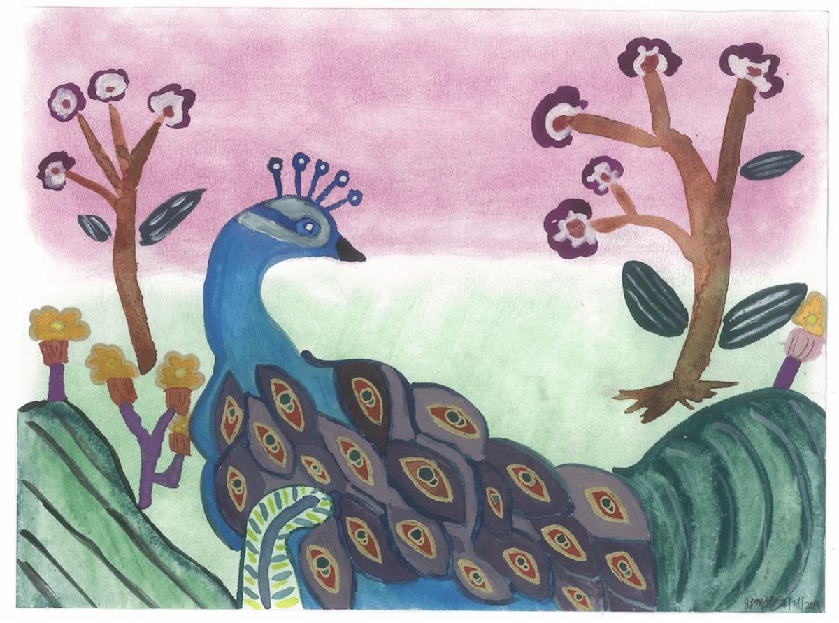 Whimsical peacock painting by Jennifer Margulis. Making art is another good way to find inner peace.